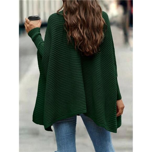 Turtleneck Batwing Sleeve Poncho Sweater,Long Sleeve Tops Knit Pullover Fall - Picture 2 of 8